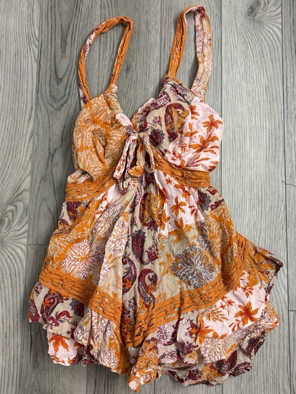 Free People Floral Tie-Front Bodysuit in Orange and Pink